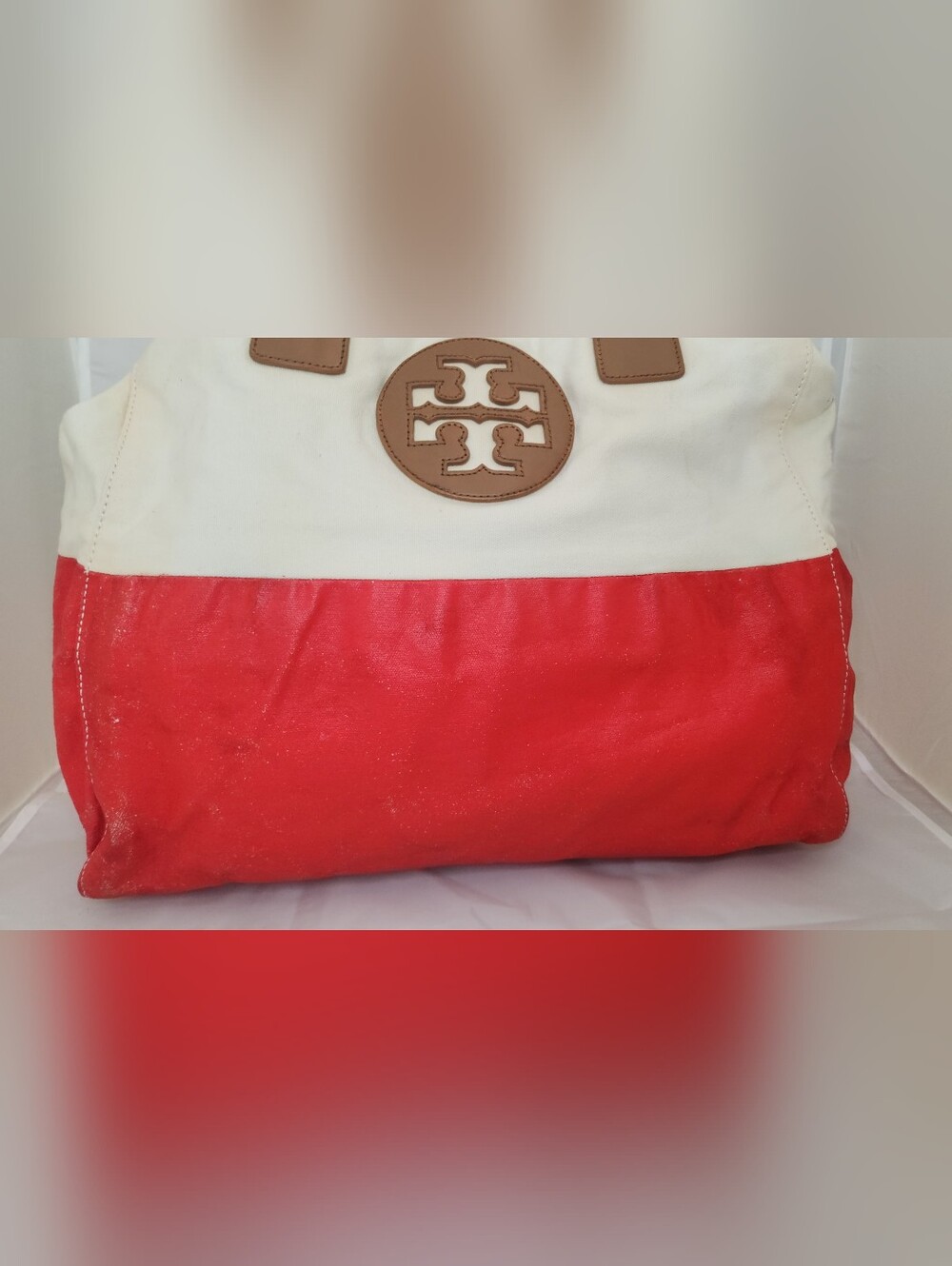 Tory Burch Cream and Red Canvas Tote with Tan Leather Trim Nearly PERCECT - Picture 6 of 13